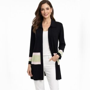 Exclusively Misook Open Front Knit Cardigan Black Green Pink Striped Trim~S💛